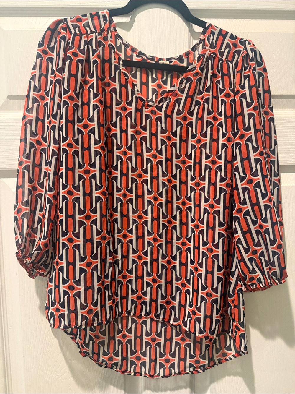 Women's Geometric Print Blouse - Coral, Navy & White